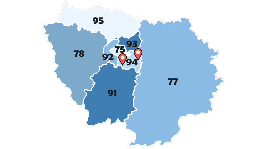 Illustration d'une carte de la région parisienne et ses alentours pour indiquer les implantations de l'entreprise dans le département 94